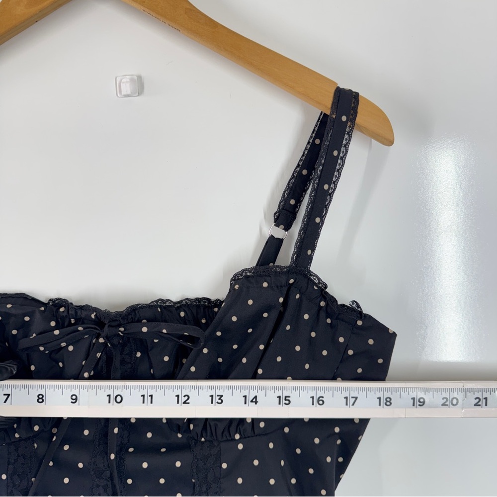 R+F Women Polka Dot Corset Mini Dress Lace Trim Fit Flare Sz M Black Coquette - Picture 7 of 15